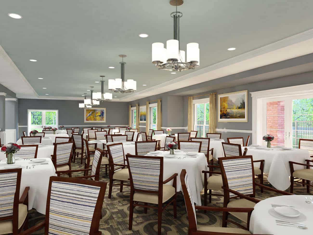 crossings dining room with striped chairs