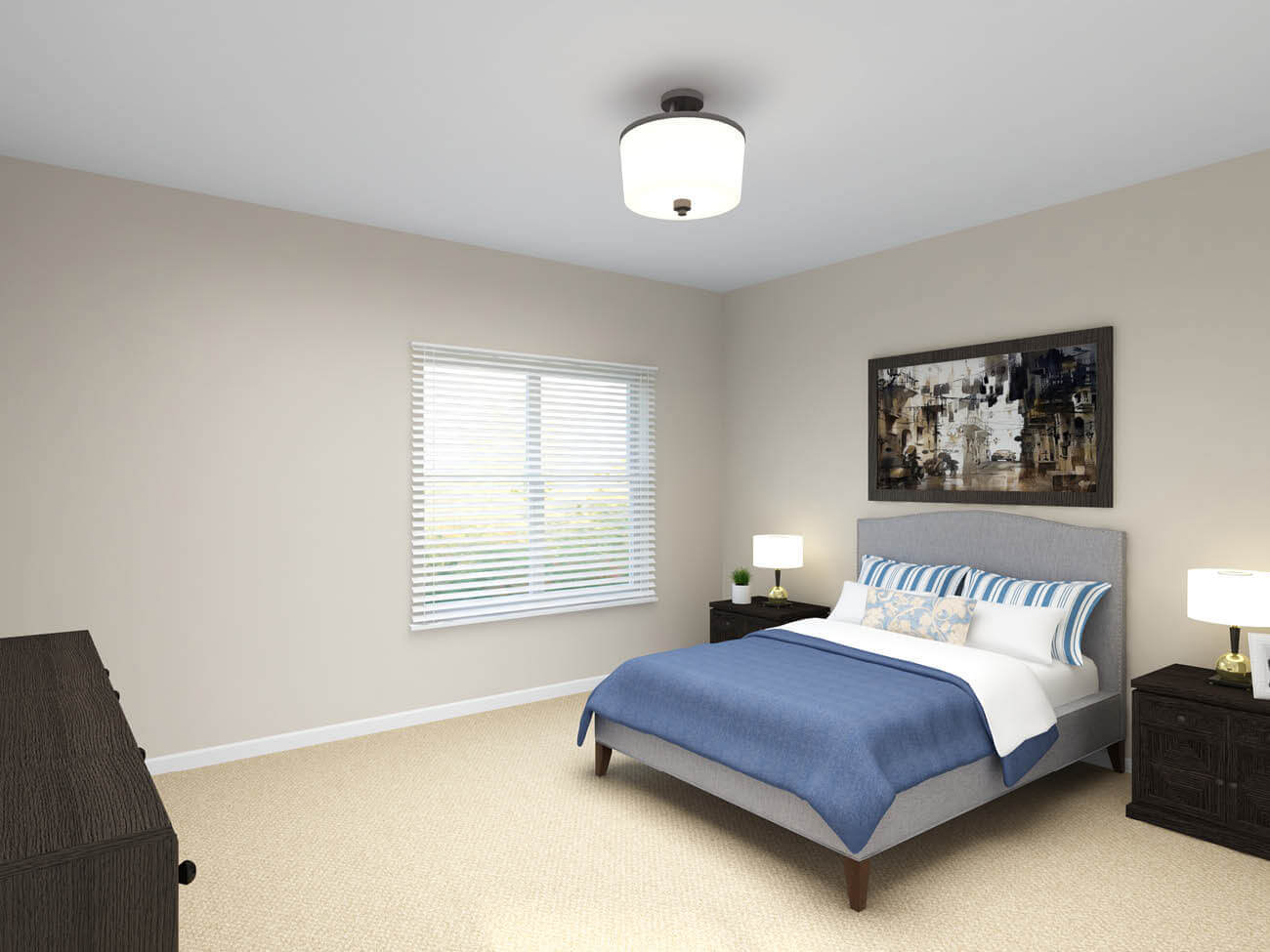 grey bed with blue comforter and black furniture