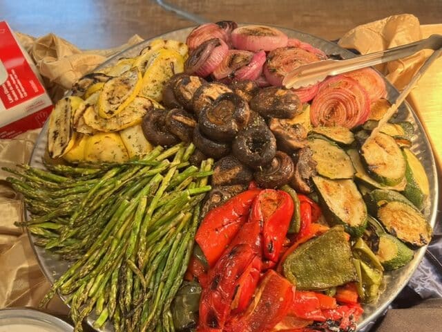roasted vegtable tray with asparagus, onion, roasted red pepper and mushroom